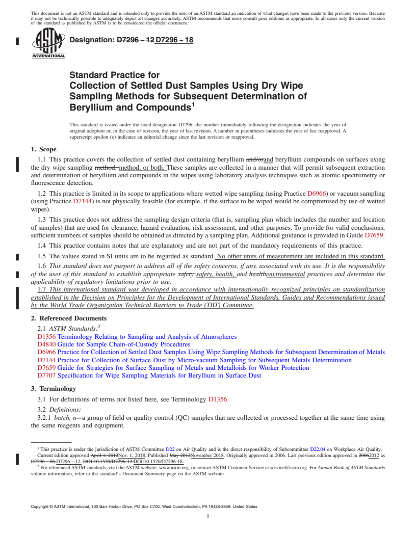 REDLINE ASTM D7296-18 - Standard Practice for  Collection of Settled Dust Samples Using Dry Wipe Sampling  Methods for Subsequent Determination of Beryllium and Compounds