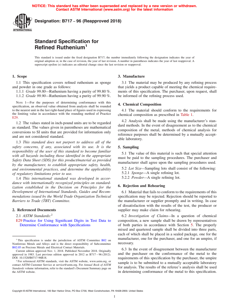 ASTM B717-96(2018) - Standard Specification for Refined Ruthenium