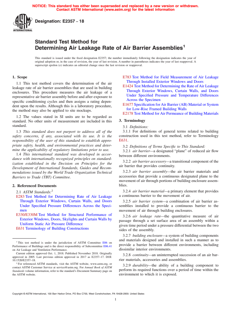 ASTM E2357-18 - Standard Test Method for Determining Air Leakage Rate of Air Barrier Assemblies