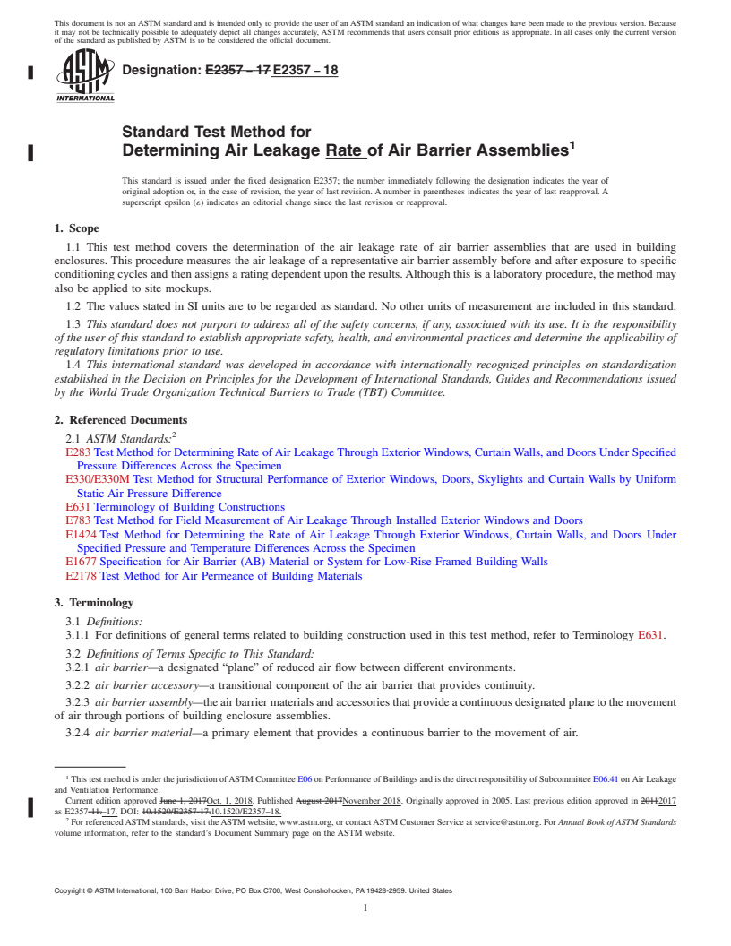 REDLINE ASTM E2357-18 - Standard Test Method for Determining Air Leakage Rate of Air Barrier Assemblies