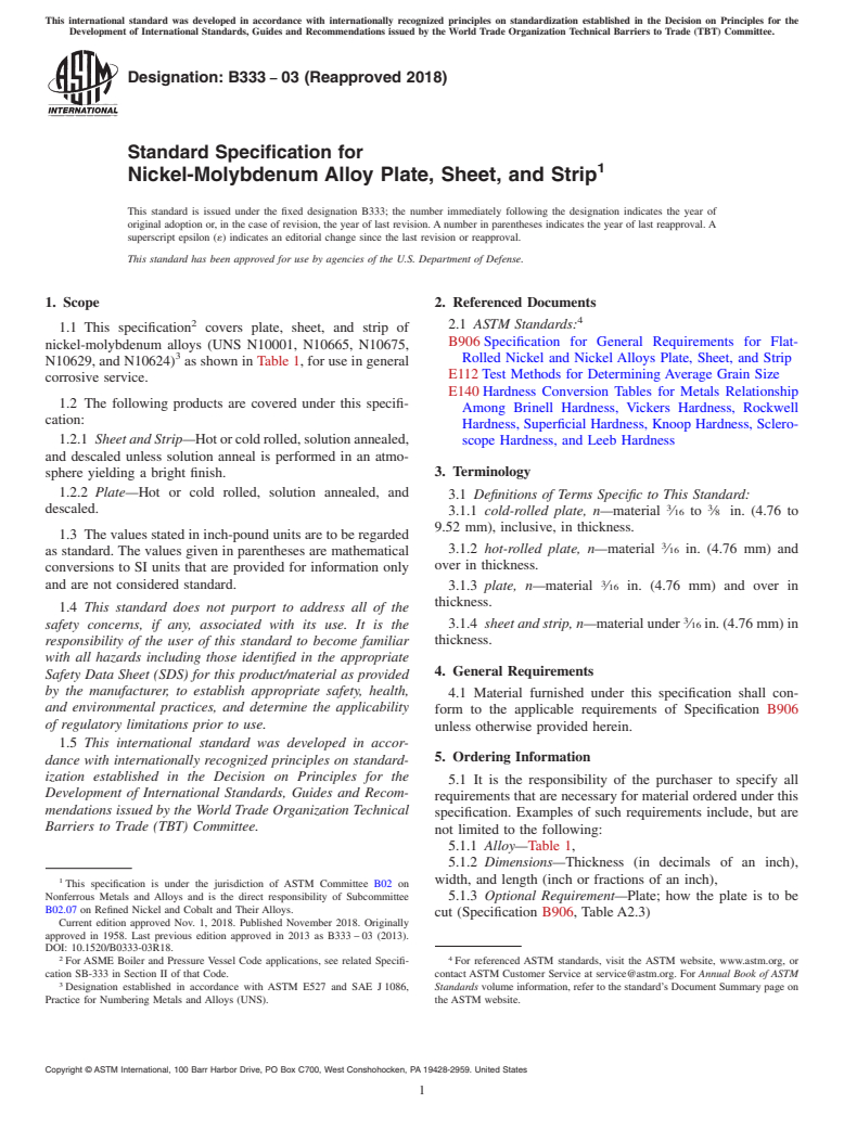 ASTM B333-03(2018) - Standard Specification for Nickel-Molybdenum Alloy Plate, Sheet, and Strip