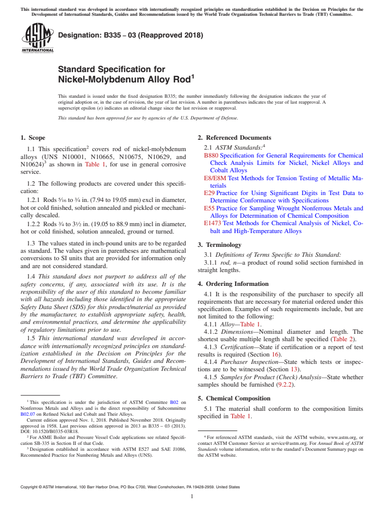 ASTM B335-03(2018) - Standard Specification for Nickel-Molybdenum Alloy Rod