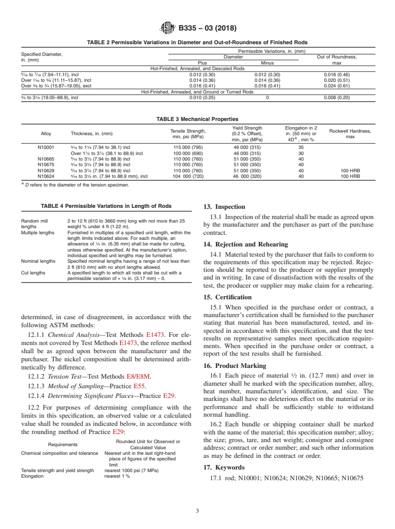 ASTM B335-03(2018) - Standard Specification for Nickel-Molybdenum Alloy Rod