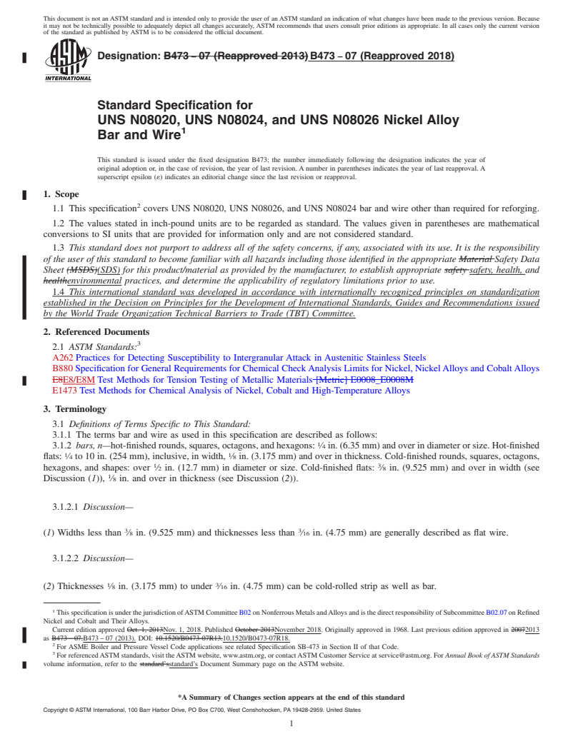 REDLINE ASTM B473-07(2018) - Standard Specification for UNS N08020, UNS N08024, and UNS N08026 Nickel Alloy Bar and  Wire