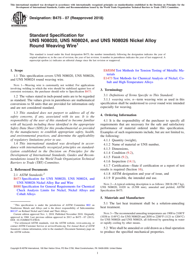 ASTM B475-07(2018) - Standard Specification for UNS N08020, UNS N08024, and UNS N08026 Nickel Alloy Round Weaving  Wire