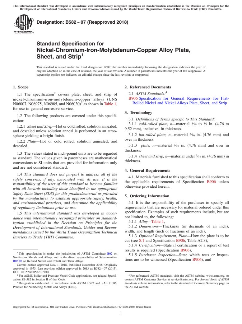 ASTM B582-07(2018) - Standard Specification for Nickel-Chromium-Iron-Molybdenum-Copper Alloy Plate, Sheet,  and Strip