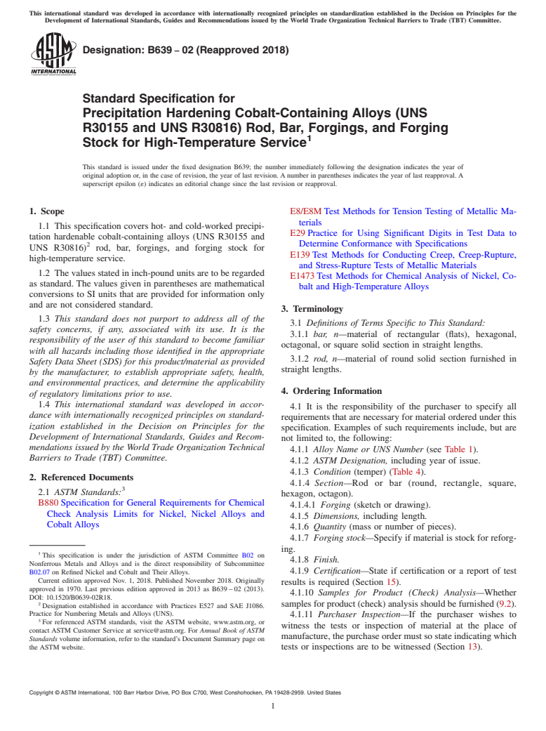 ASTM B639-02(2018) - Standard Specification for Precipitation Hardening Cobalt-Containing Alloys (UNS R30155  and UNS&#x2009;R30816)    Rod, Bar, Forgings, and Forging Stock for  High-Temperature  Service