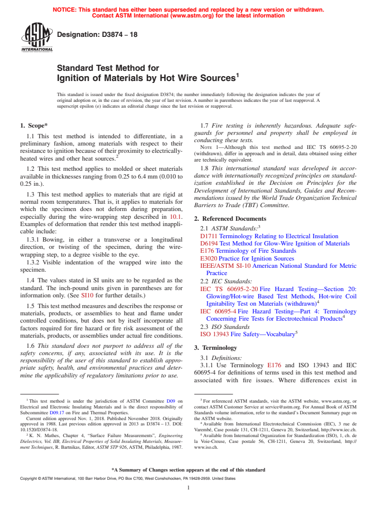 ASTM D3874-18 - Standard Test Method for  Ignition of Materials by Hot Wire Sources