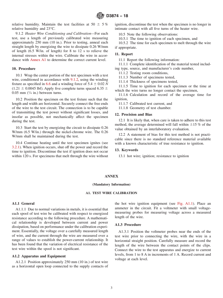 ASTM D3874-18 - Standard Test Method for  Ignition of Materials by Hot Wire Sources