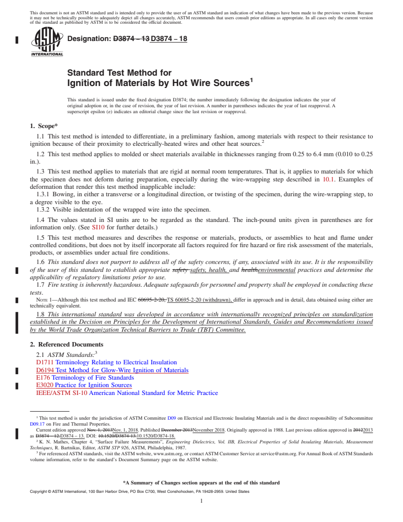 REDLINE ASTM D3874-18 - Standard Test Method for  Ignition of Materials by Hot Wire Sources