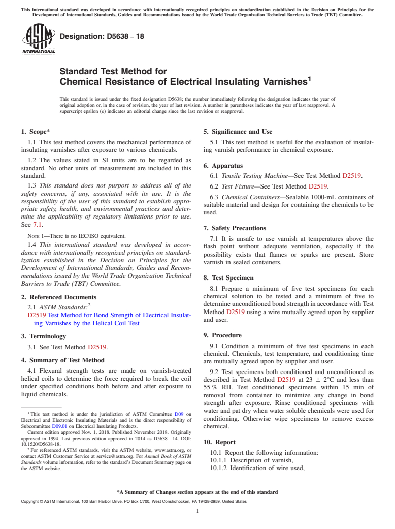 ASTM D5638-18 - Standard Test Method for  Chemical Resistance of Electrical Insulating Varnishes