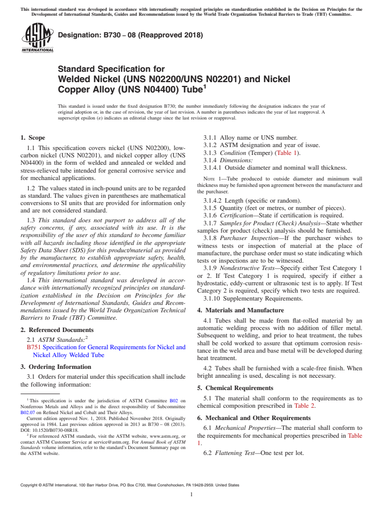 ASTM B730-08(2018) - Standard Specification for Welded Nickel (UNS N02200/UNS N02201) and Nickel Copper Alloy  (UNS    N04400) Tube