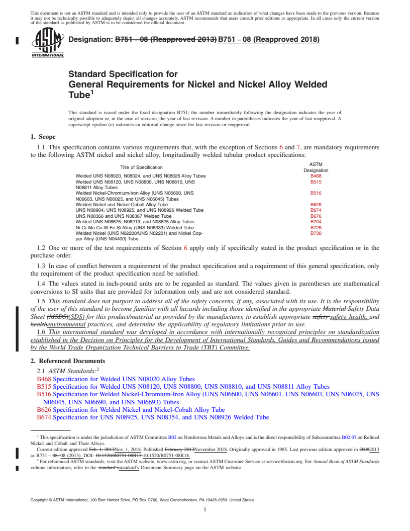 REDLINE ASTM B751-08(2018) - Standard Specification for General Requirements for Nickel and Nickel Alloy Welded Tube