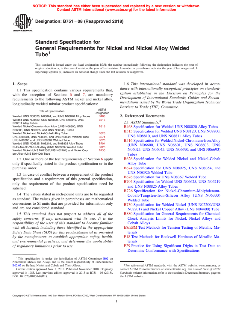 ASTM B751-08(2018) - Standard Specification for General Requirements for Nickel and Nickel Alloy Welded Tube