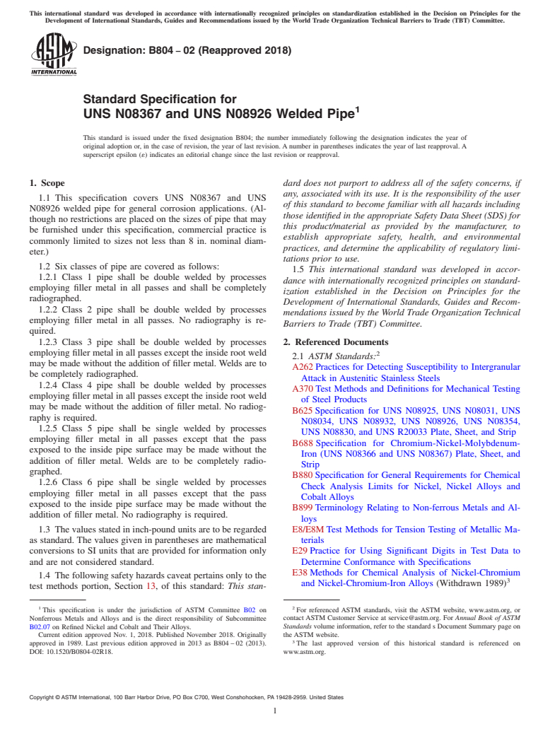 ASTM B804-02(2018) - Standard Specification for UNS N08367 and UNS N08926 Welded Pipe