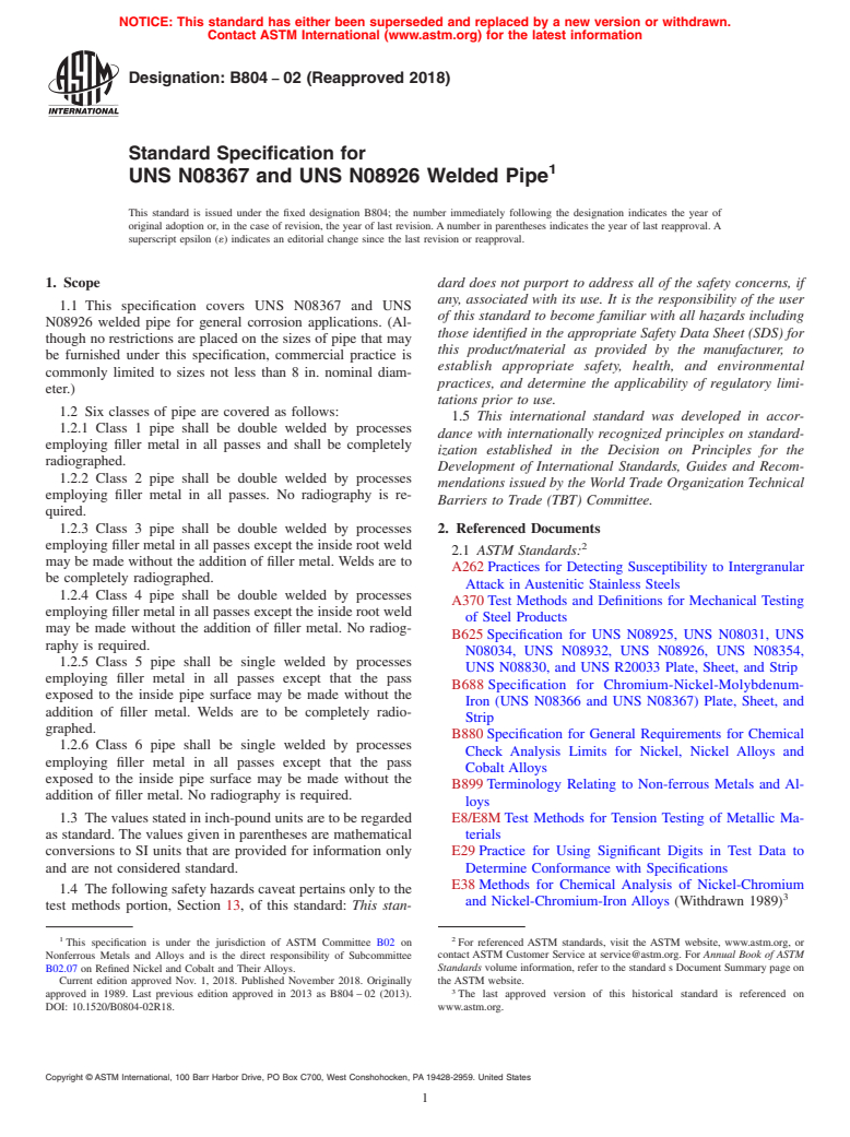 ASTM B804-02(2018) - Standard Specification for UNS N08367 and UNS N08926 Welded Pipe