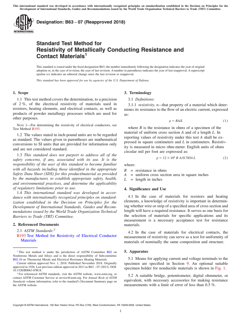 ASTM B63-07(2018) - Standard Test Method for Resistivity of Metallically Conducting Resistance and<brk/> Contact    Materials