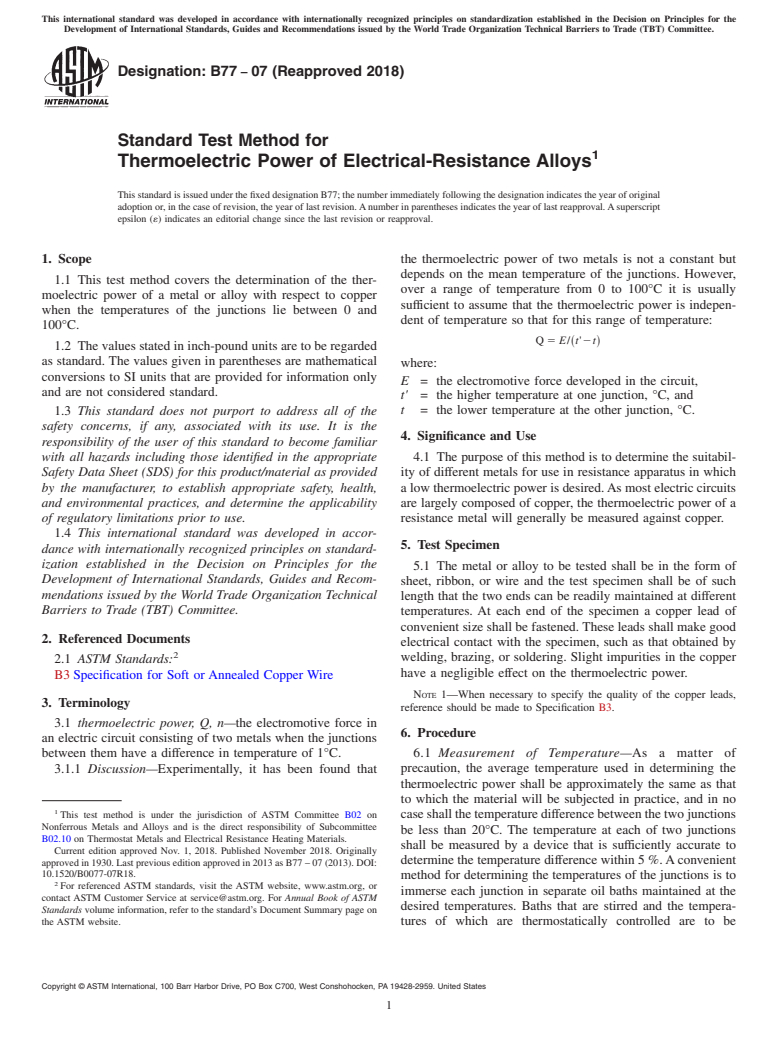 ASTM B77-07(2018) - Standard Test Method for Thermoelectric Power of Electrical-Resistance Alloys