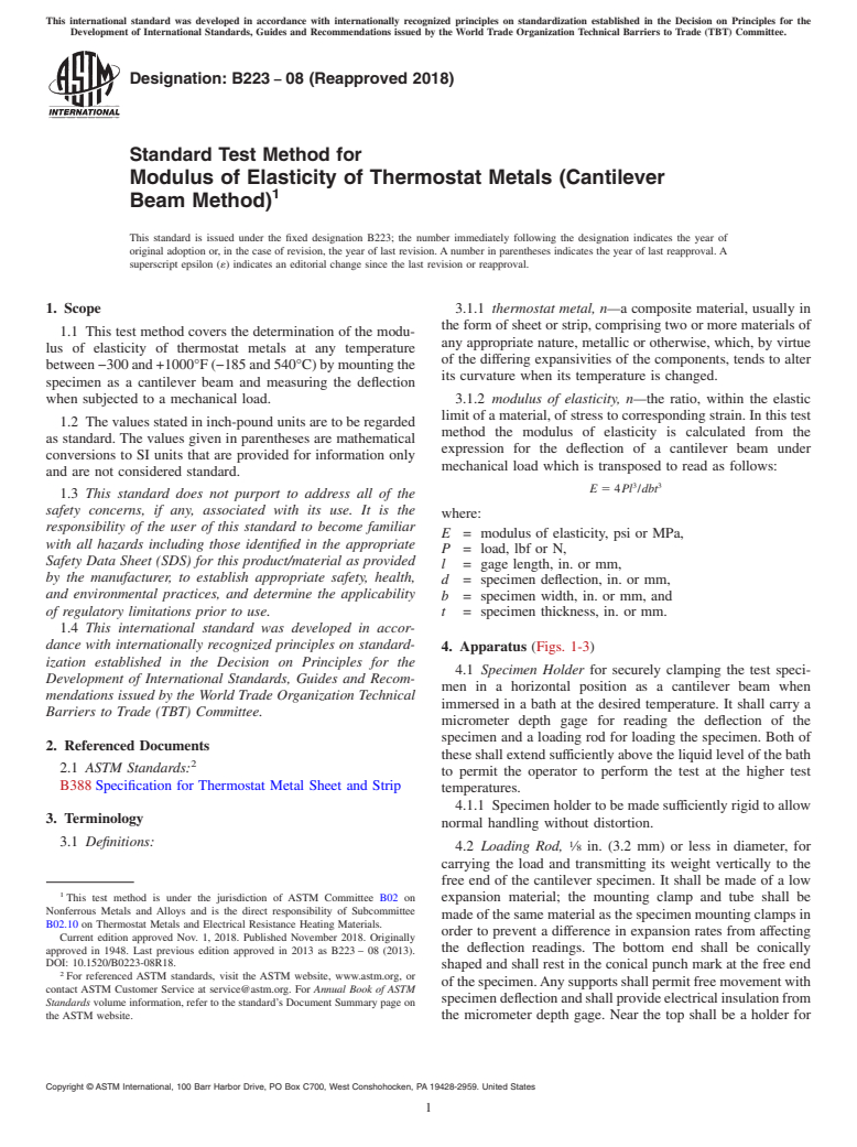 ASTM B223-08(2018) - Standard Test Method for Modulus of Elasticity of Thermostat Metals (Cantilever Beam  Method)