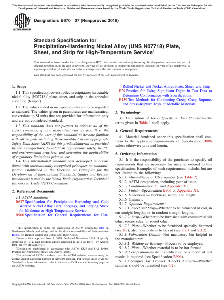 ASTM B670-07(2018) - Standard Specification for Precipitation-Hardening Nickel Alloy (UNS N07718) Plate, Sheet,  and      Strip for High-Temperature Service