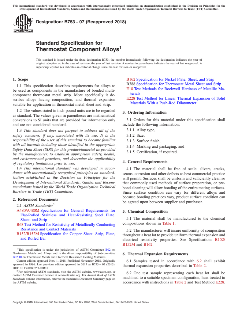 ASTM B753-07(2018) - Standard Specification for Thermostat Component Alloys