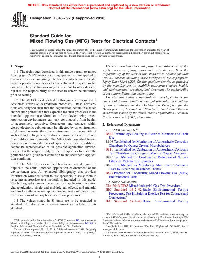 ASTM B845-97(2018) - Standard Guide for Mixed Flowing Gas (MFG) Tests for Electrical Contacts