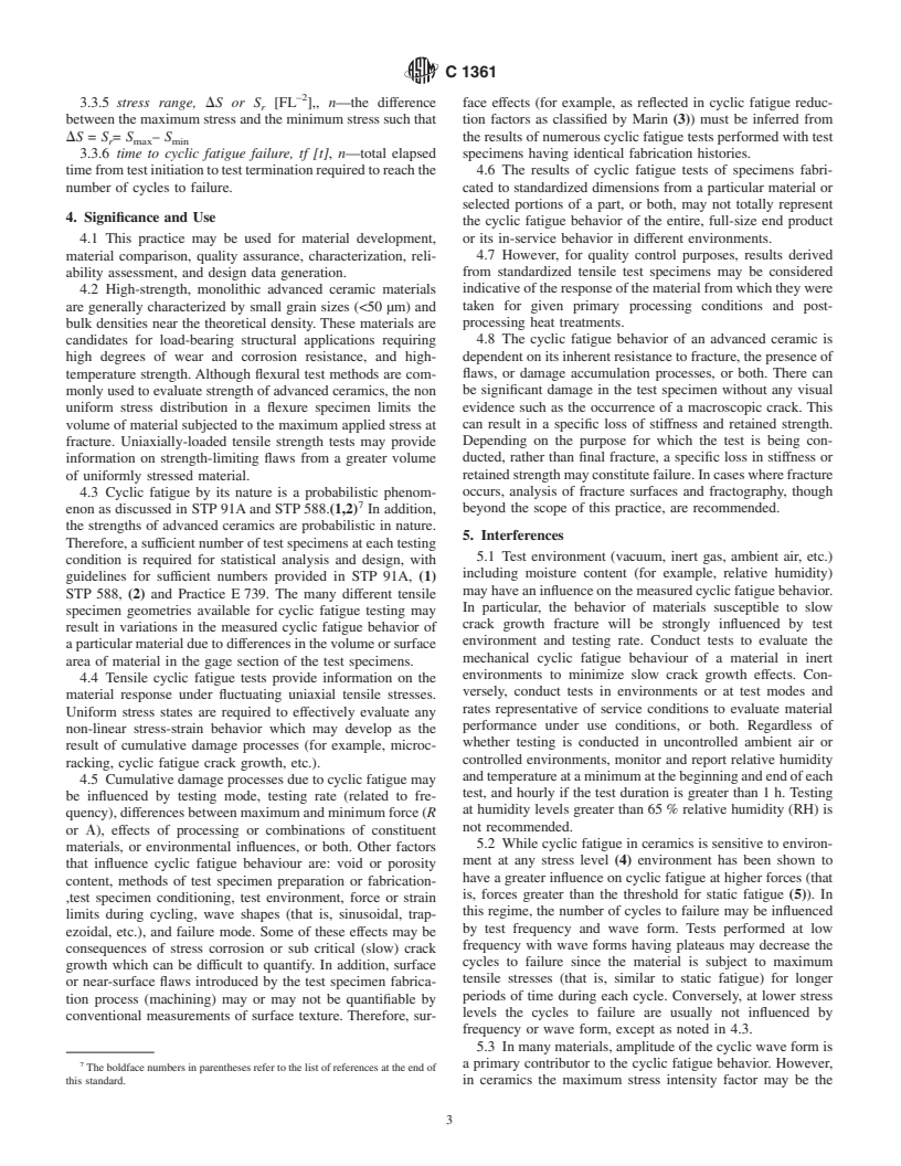 ASTM C1361-01 - Standard Practice for Constant-Amplitude, Axial, Tension-Tension Cyclic Fatigue of Advanced Ceramics at Ambient Temperatures