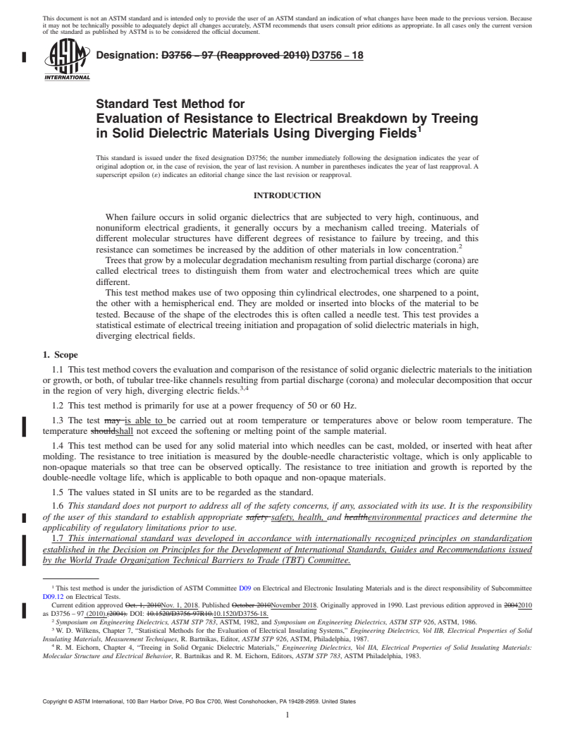 REDLINE ASTM D3756-18 - Standard Test Method for  Evaluation of Resistance to Electrical Breakdown by Treeing   in Solid Dielectric Materials Using Diverging Fields