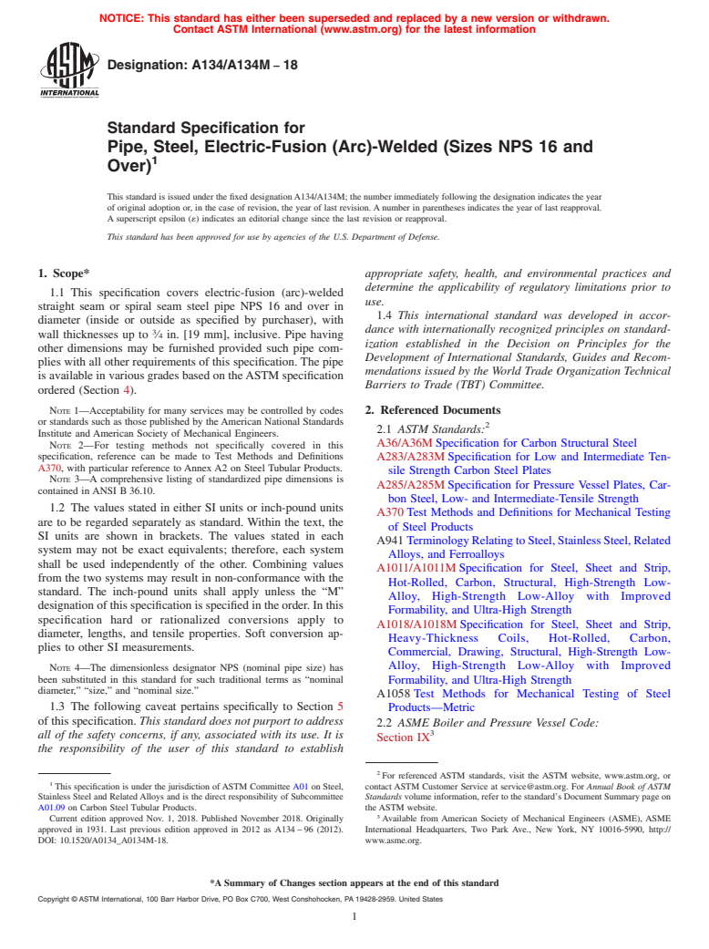 ASTM A134/A134M-18 - Standard Specification for  Pipe, Steel, Electric-Fusion (Arc)-Welded (Sizes NPS 16 and   Over)
