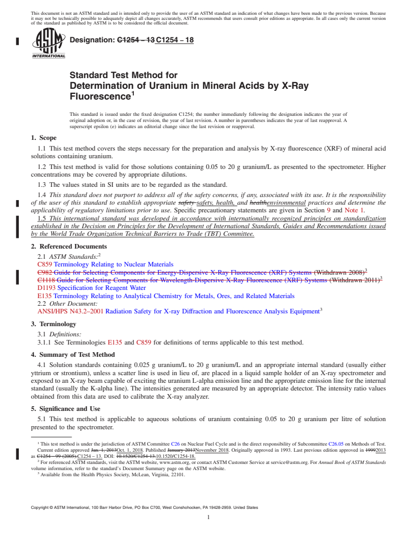 REDLINE ASTM C1254-18 - Standard Test Method for  Determination of Uranium in Mineral Acids by X-Ray Fluorescence