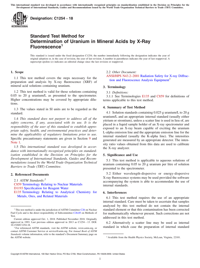 ASTM C1254-18 - Standard Test Method for  Determination of Uranium in Mineral Acids by X-Ray Fluorescence