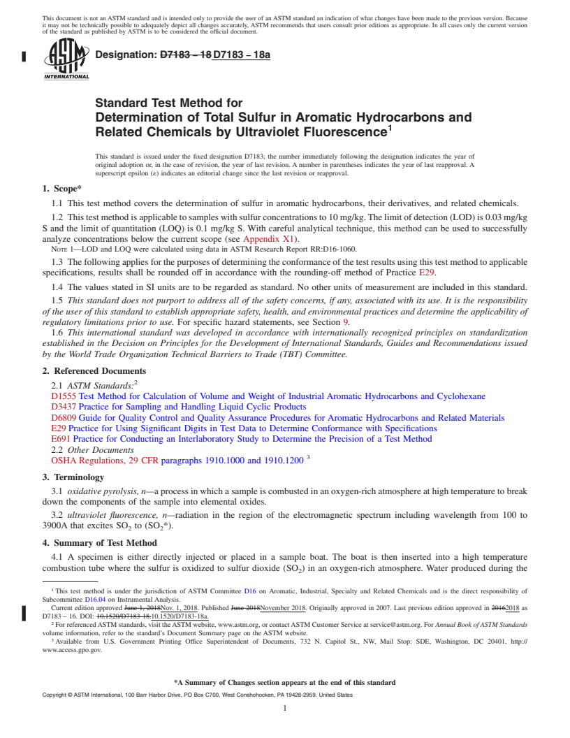 REDLINE ASTM D7183-18a - Standard Test Method for Determination of Total Sulfur in Aromatic Hydrocarbons and   Related         Chemicals by Ultraviolet Fluorescence