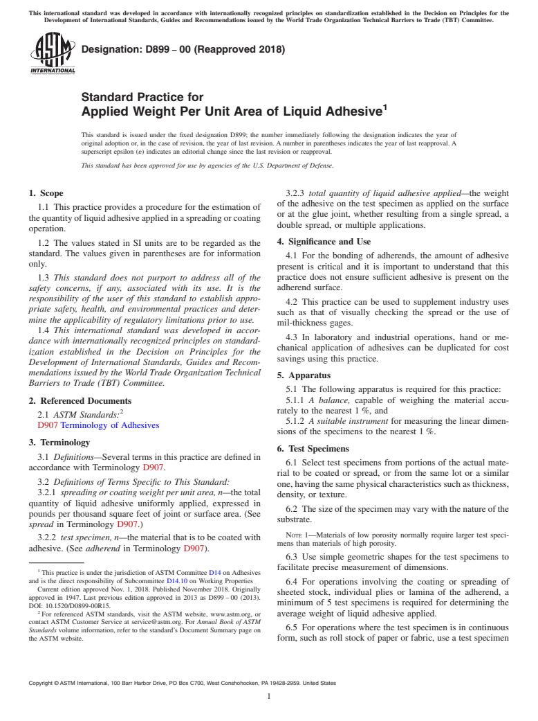 ASTM D899-00(2018) - Standard Practice for Applied Weight Per Unit Area of Liquid Adhesive