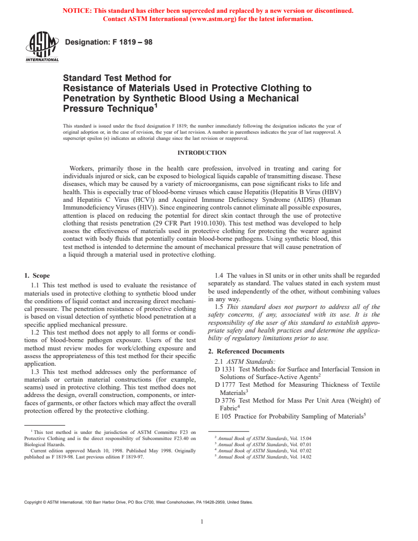 ASTM F1819-98 - Standard Test Method for Resistance of Materials Used in Protective Clothing to Penetration by Synthetic Blood Using a Mechanical Pressure Technique