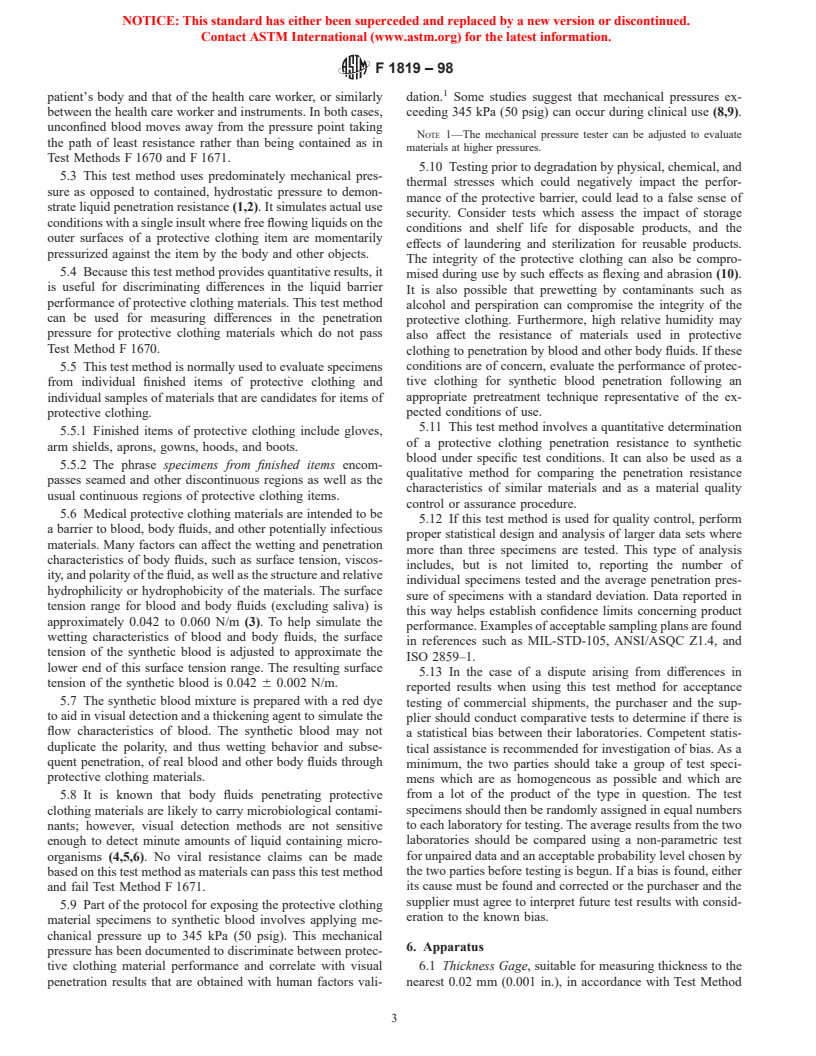 ASTM F1819-98 - Standard Test Method for Resistance of Materials Used in Protective Clothing to Penetration by Synthetic Blood Using a Mechanical Pressure Technique