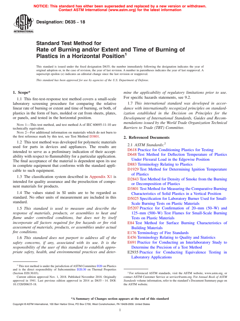 ASTM D635-18 - Standard Test Method for Rate of Burning and/or Extent and Time of Burning of Plastics  in a Horizontal Position