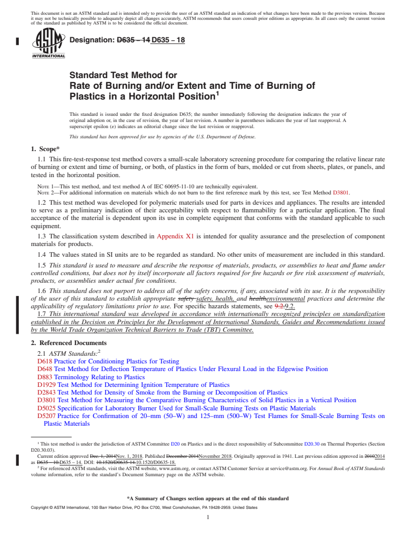 REDLINE ASTM D635-18 - Standard Test Method for Rate of Burning and/or Extent and Time of Burning of Plastics  in a Horizontal Position