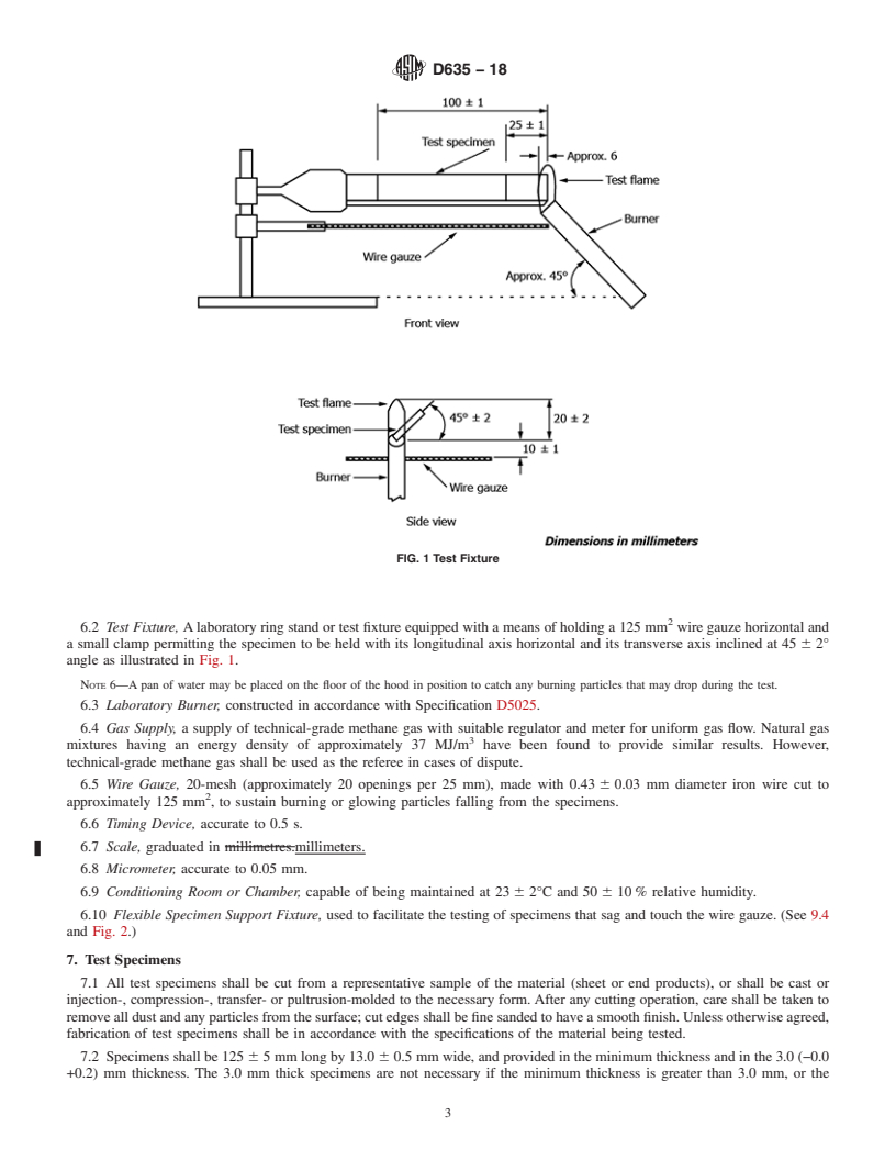 REDLINE ASTM D635-18 - Standard Test Method for Rate of Burning and/or Extent and Time of Burning of Plastics  in a Horizontal Position