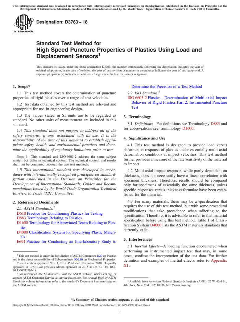 ASTM D3763-18 - Standard Test Method for  High Speed Puncture Properties of Plastics Using Load and Displacement  Sensors