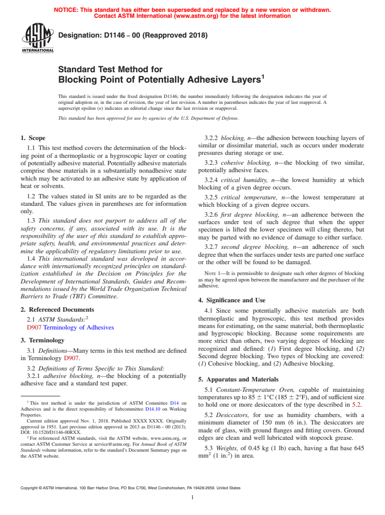 ASTM D1146-00(2018) - Standard Test Method for Blocking Point of Potentially Adhesive Layers