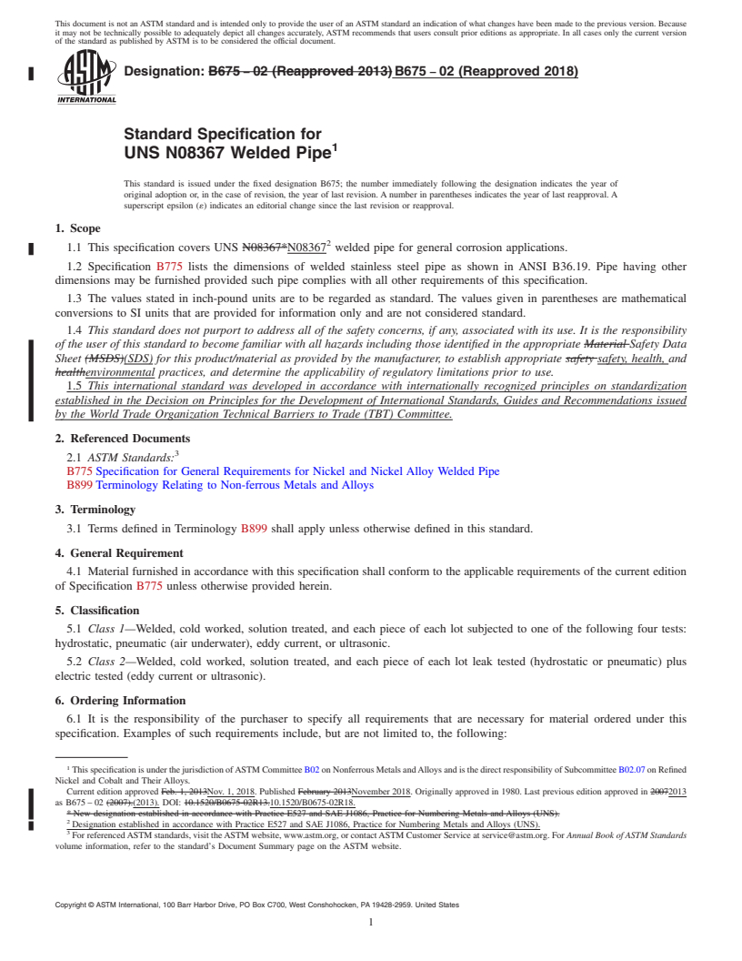 REDLINE ASTM B675-02(2018) - Standard Specification for UNS N08367 Welded Pipe