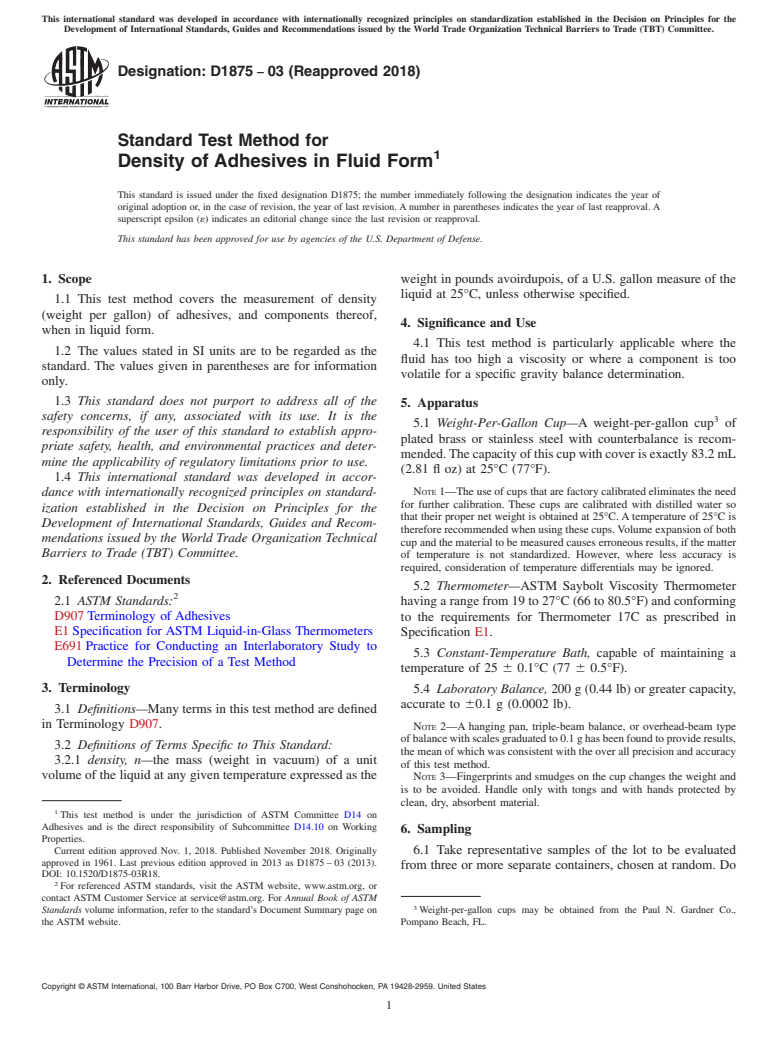 ASTM D1875-03(2018) - Standard Test Method for Density of Adhesives in Fluid Form