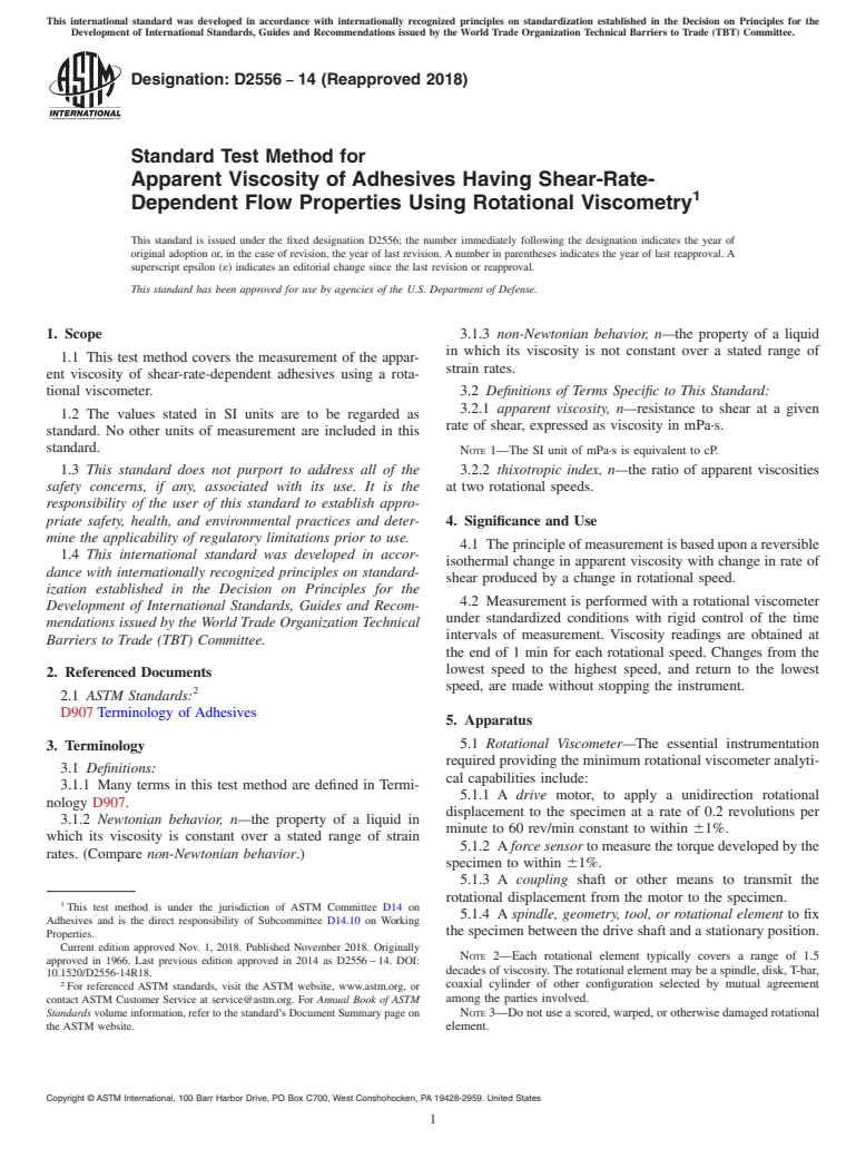 ASTM D2556-14(2018) - Standard Test Method for Apparent Viscosity of Adhesives Having Shear-Rate-Dependent  Flow Properties Using Rotational Viscometry