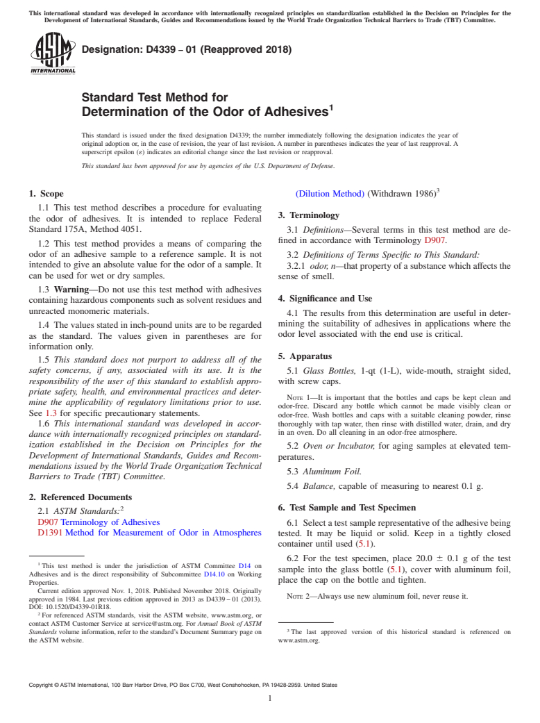 ASTM D4339-01(2018) - Standard Test Method for Determination of the Odor of Adhesives