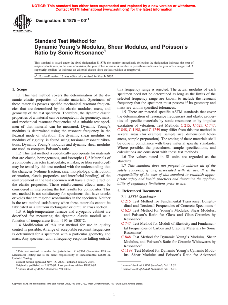 ASTM E1875-00e1 - Standard Test Method for Dynamic Young's Modulus, Shear Modulus, and Poisson's Ratio by Sonic Resonance