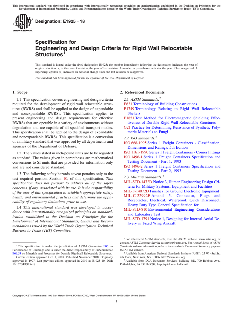 ASTM E1925-18 - Specification for Engineering and Design Criteria for Rigid Wall Relocatable  Structures