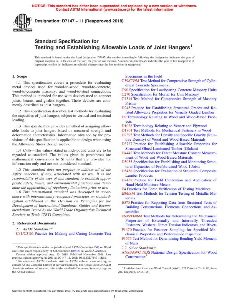 ASTM D7147-11(2018) - Standard Specification for Testing and Establishing Allowable Loads of Joist Hangers