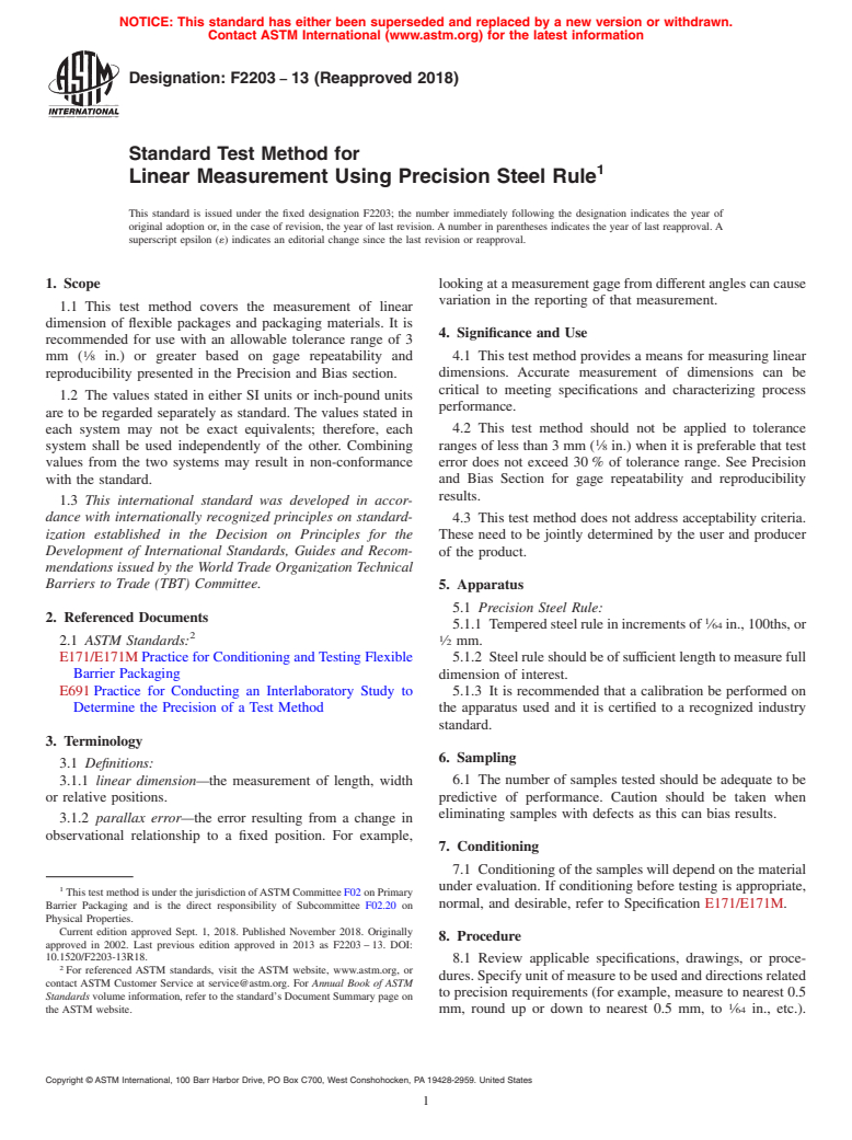 ASTM F2203-13(2018) - Standard Test Method for  Linear Measurement Using Precision Steel Rule