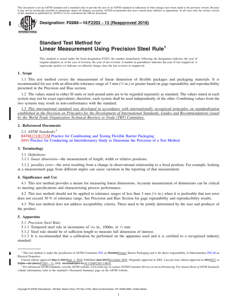 REDLINE ASTM F2203-13(2018) - Standard Test Method for  Linear Measurement Using Precision Steel Rule