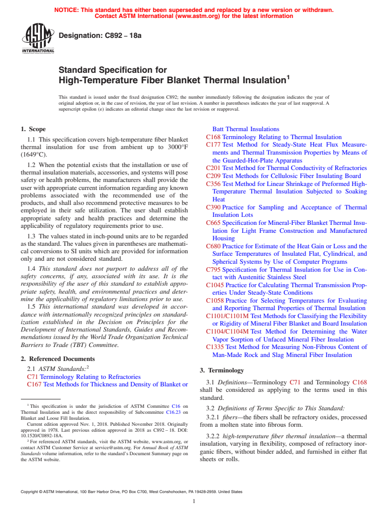 ASTM C892-18a - Standard Specification for High-Temperature Fiber Blanket Thermal Insulation